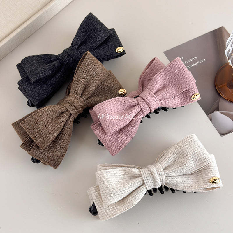 E廠-秋冬毛呢雙面蝴蝶結香蕉夾女後腦勺高馬尾髮夾氣質鯊魚夾頭飾髮卡「27708」25.11-3