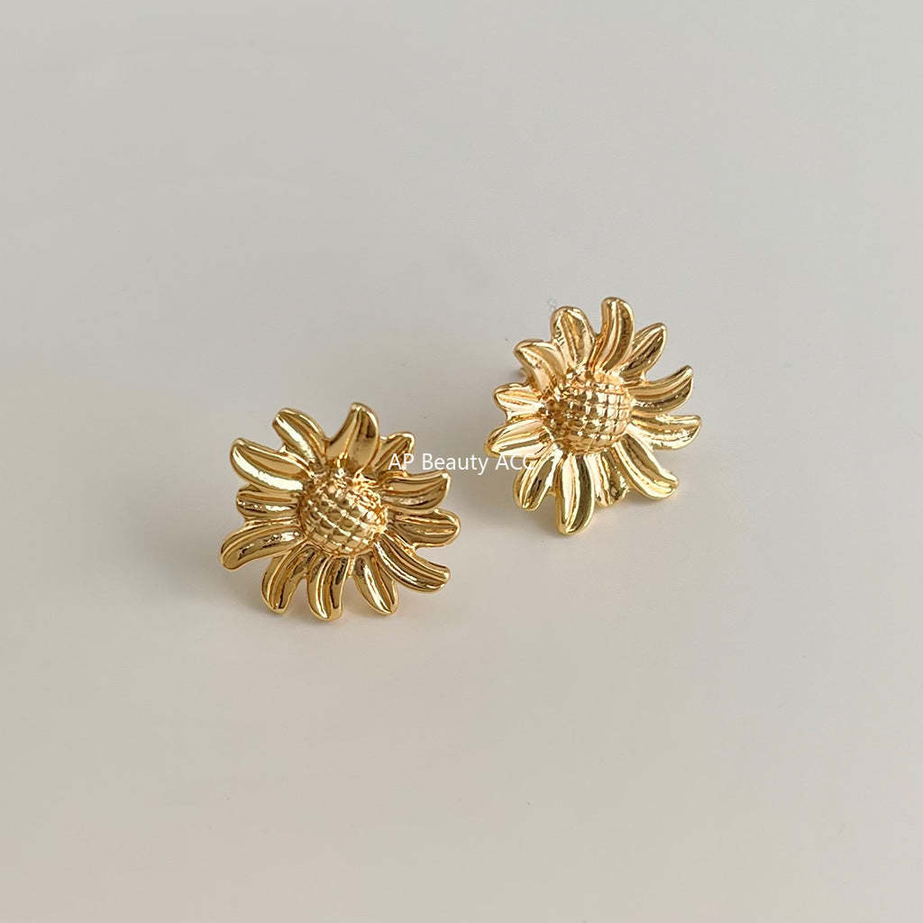 A廠-簡約時尚高級感雛菊花朵中古風耳環女氣質新款文藝復古向日葵耳飾「7100」25.11-3