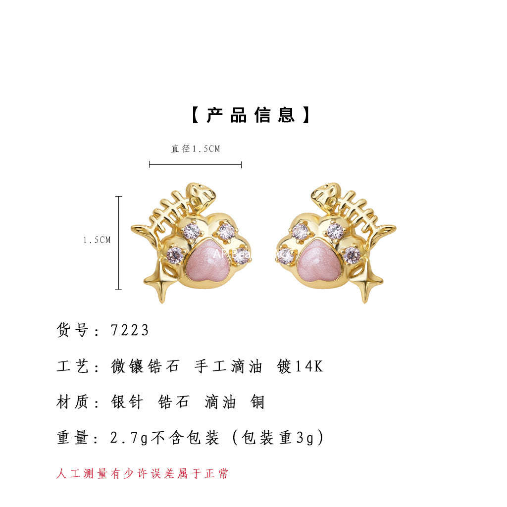 A廠-原創清新甜美可愛小清新ins925銀針小香風新款貓抓小魚耳飾耳釘「7223」25.12-3