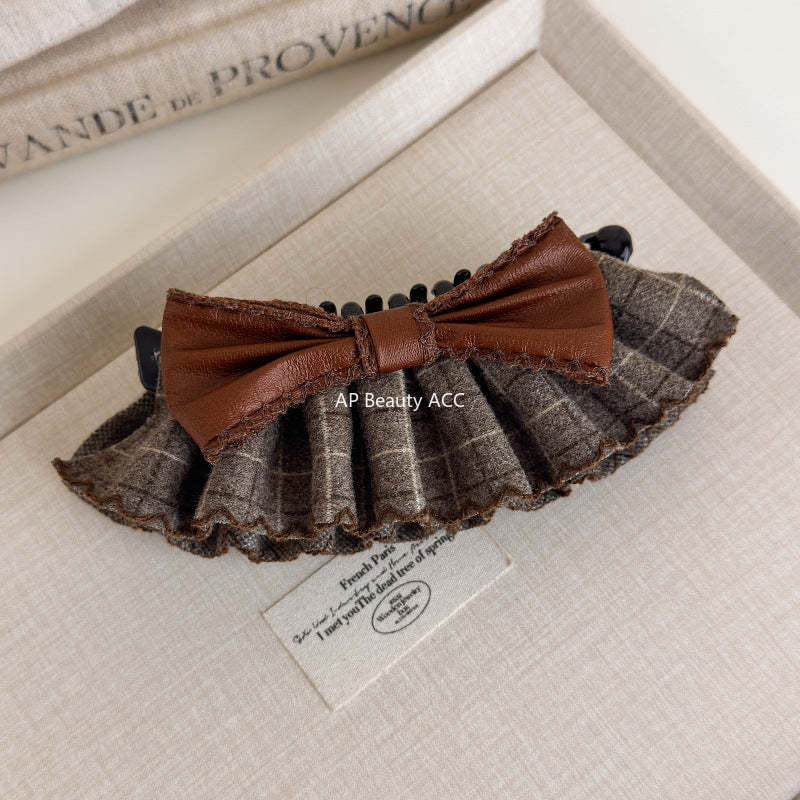 E廠-復古格紋學院風可露麗香蕉夾後腦勺蝴蝶結髮夾髮卡竪式高馬尾髮飾「27719」25.11-4