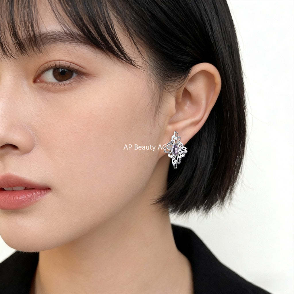 A廠-紫薇花原創設計師款s925銀針鑲嵌鋯石立體花朵新款耳飾工廠耳環女「7243」25.12-3