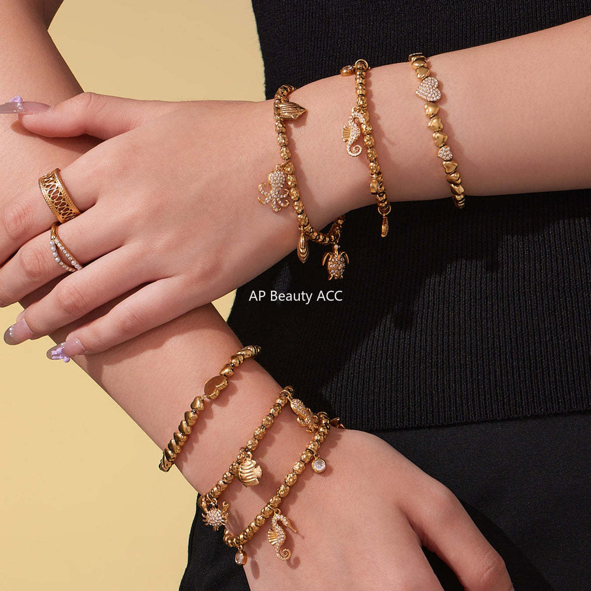 B廠-海馬帶鑽多配件DIY手鍊組合不鏽鋼鍍18k真金跨境熱銷款飾品「E693-E694-E695」25.10-5