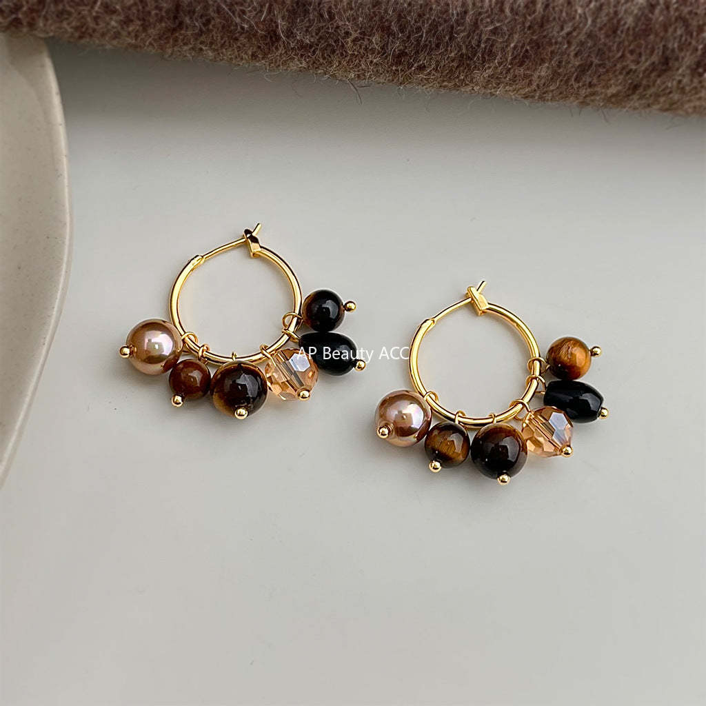 A廠-文藝復古天然石虎眼石手工藝設計感幾何圓圈耳環中古風飾品耳環「7145」25.11-4