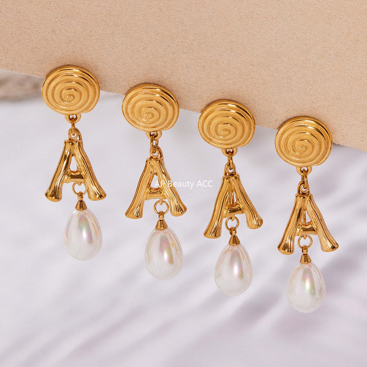B廠-不鏽鋼螺紋A字母仿珍珠流蘇吊墜耳環鍍18k真金珠寶首飾批發「F1435」25.10-5