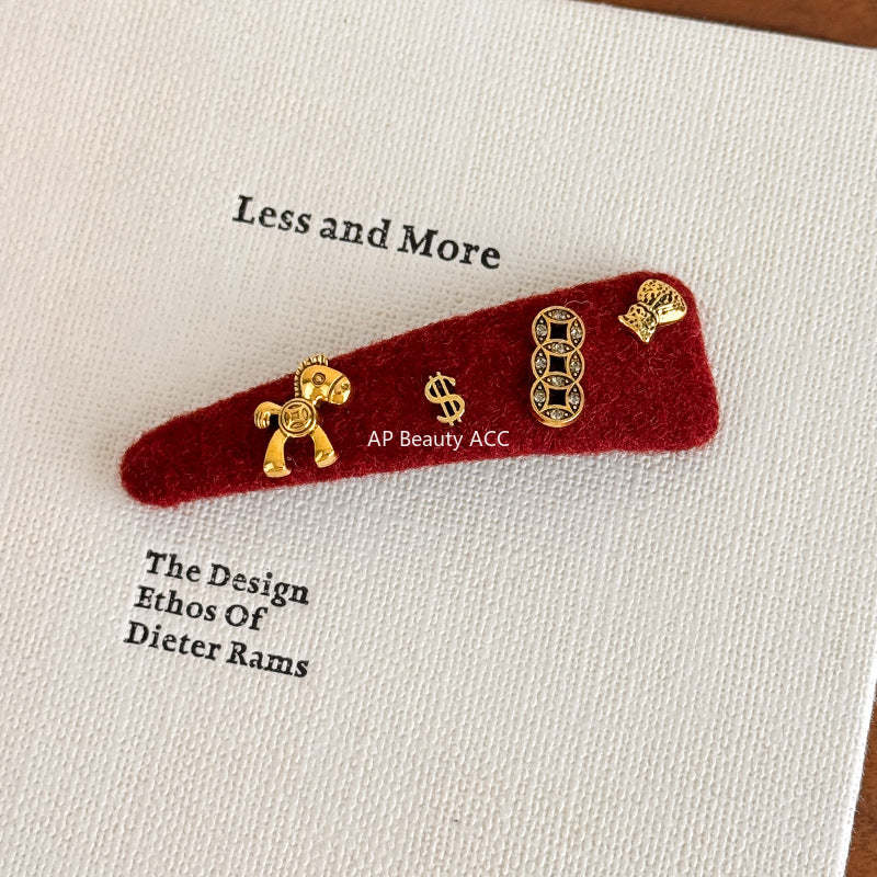 E廠-馬上有錢花新年紅色喜慶髮夾高級設計感豹紋側邊瀏海碎髮BB夾髮卡「27821」25.12-3