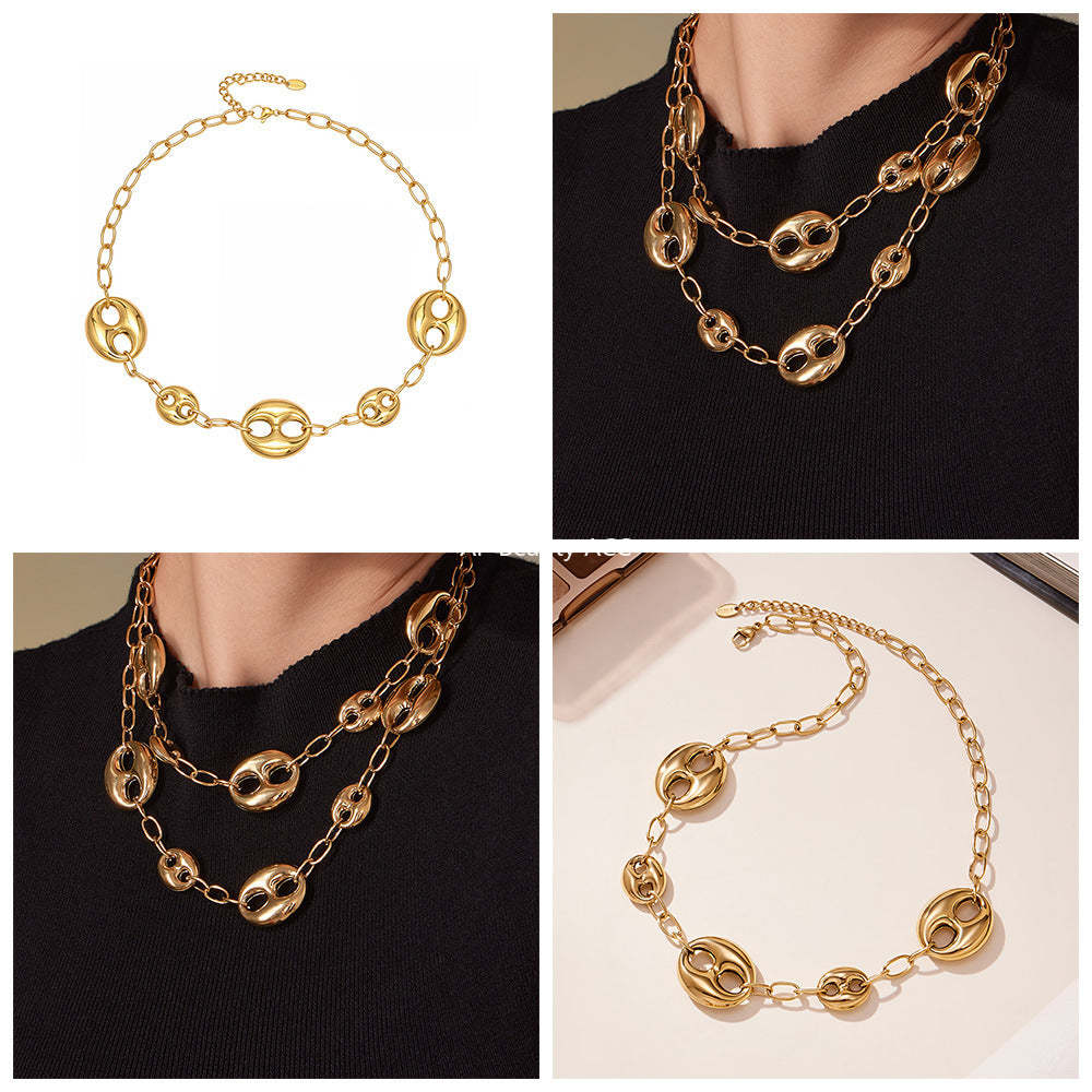 B廠-不鏽鋼空心大小豬鼻子項鍊 PVD鍍18k金時尚百搭誇張鎖骨鏈「P180」25.11-3