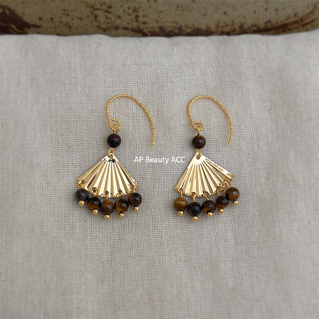 A廠-美拉德風虎眼石天然石手工設計感扇形流蘇咖色秋冬新款耳飾耳環「7020」25.11-1