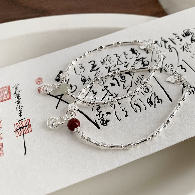 C廠-新中式國風古風宮廷風元寶葫蘆竹節天然和田玉紫金砂朱砂S925手鍊「1600」25.11-2