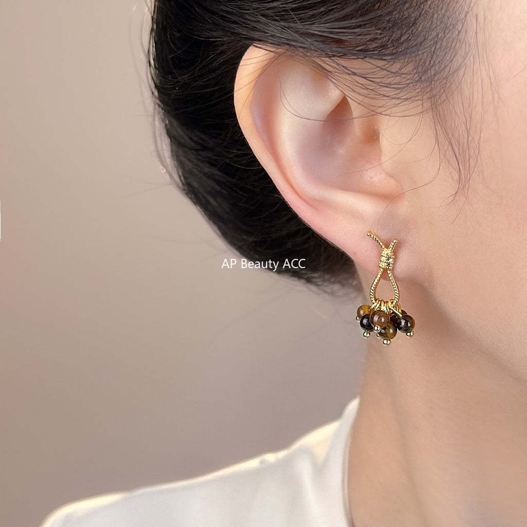 A廠-美拉德風文藝復古天然石虎眼石繩結個性小眾創意日韓耳飾耳環「7146」25.11-4