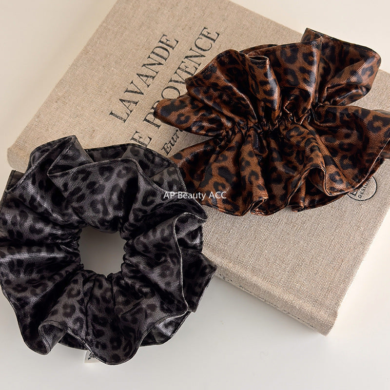 E廠-韓系咖色豹紋皮質大腸髮圈女高級感丸子頭超大號復古百搭髮飾頭繩「27657」25.11-2