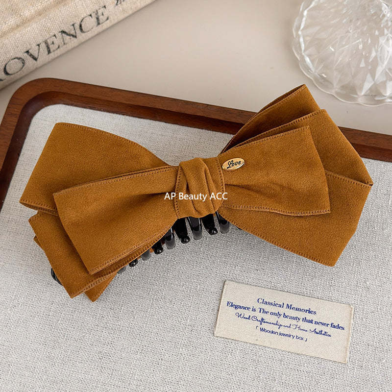 E廠-美拉德麂皮蝴蝶結金標香蕉夾蓬松顯髮量高馬尾抓夾優雅半扎髮夾子「27621」25.11-1