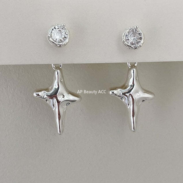 C廠-精緻時尚四芒星耳釘女高級感冷淡風鋯石耳環簡約小眾秋冬百搭耳飾「EH-4353」25.11-4