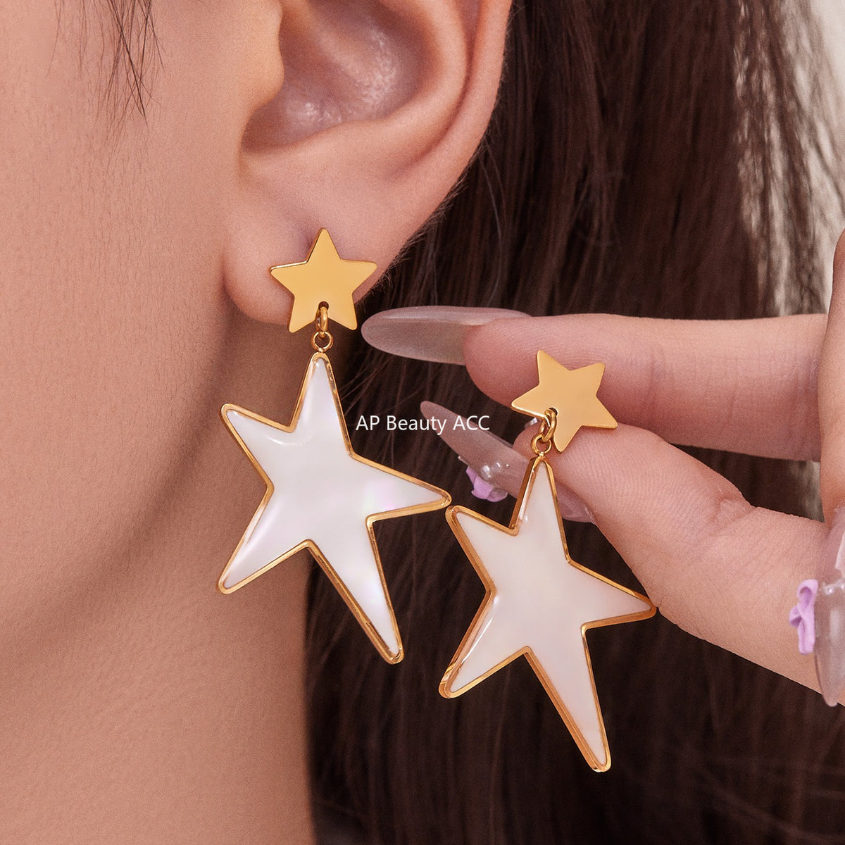 B廠-新款天然貝母滴油大五角星戒指耳環套裝不鏽鋼鍍18k金耳飾「TXF460」25.11-1