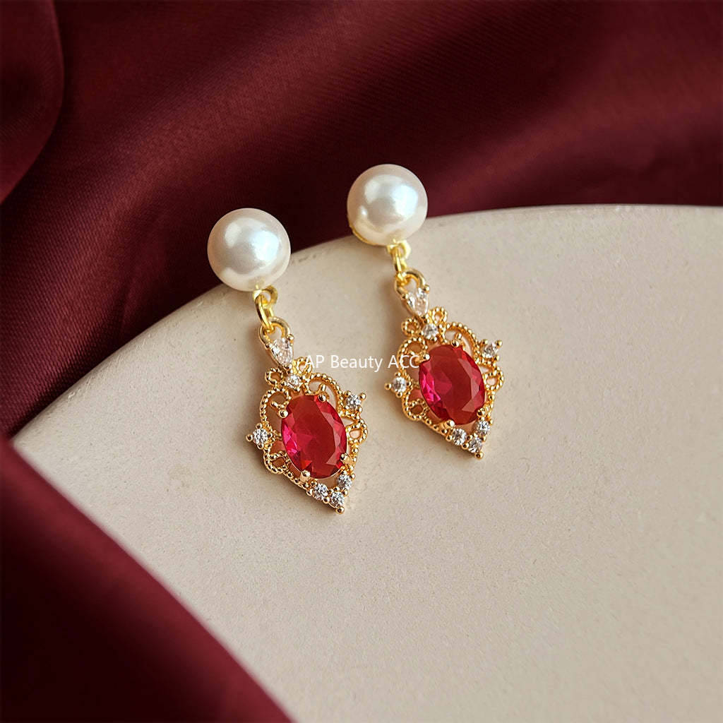 A廠-港風法式文藝復古鋯石高級感玻璃珍珠耳環女氣質簡約幾何耳飾工廠「7087」25.11-3