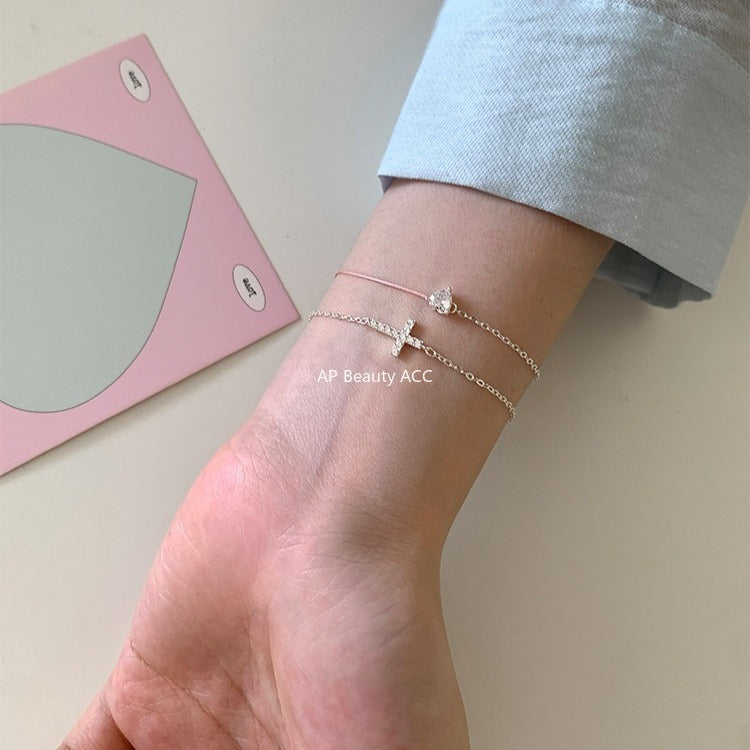 C廠-輕奢小眾愛心鋯石手鍊女高級感潮流十字架純銀手飾百搭冷淡風飾品「SL-487」25.11-1