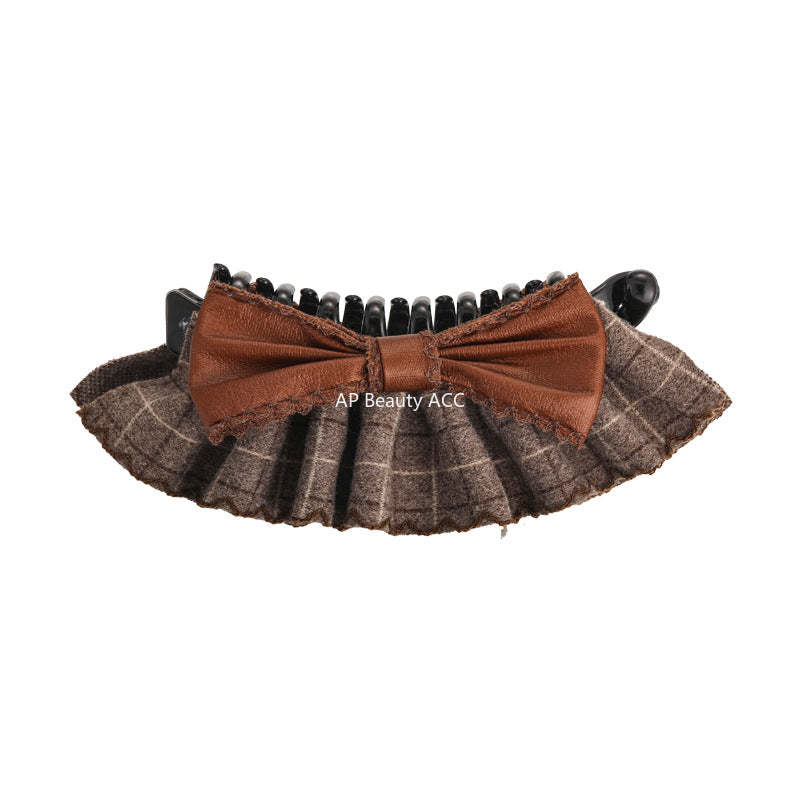 E廠-復古格紋學院風可露麗香蕉夾後腦勺蝴蝶結髮夾髮卡竪式高馬尾髮飾「27719」25.11-4