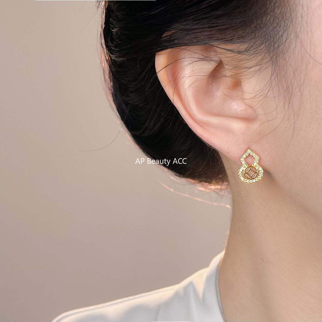 A廠-葫蘆~微鑲鋯石925銀針保色電鍍時尚通勤高級感輕奢風新款耳環耳釘「7181」25.12-1