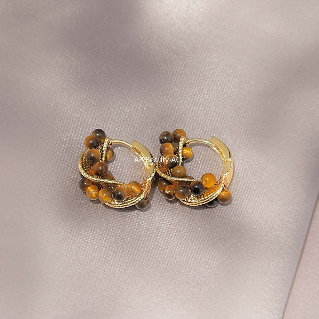 A廠-爆款虎眼石美拉德風時尚高級感手工幾何麻花圓形耳環文藝復古耳飾「7149」25.11-4