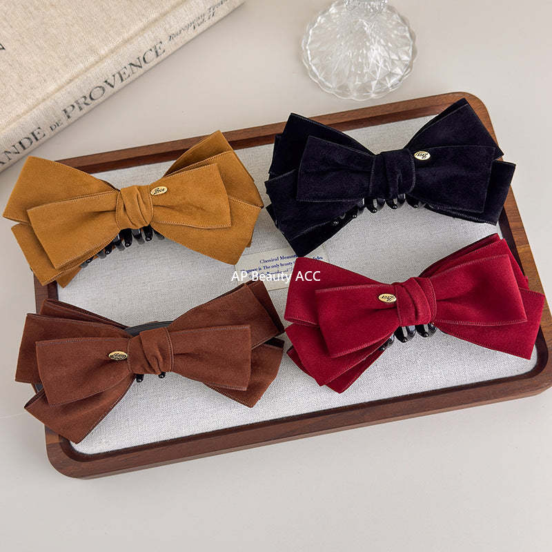 E廠-美拉德麂皮蝴蝶結金標香蕉夾蓬松顯髮量高馬尾抓夾優雅半扎髮夾子「27621」25.11-1