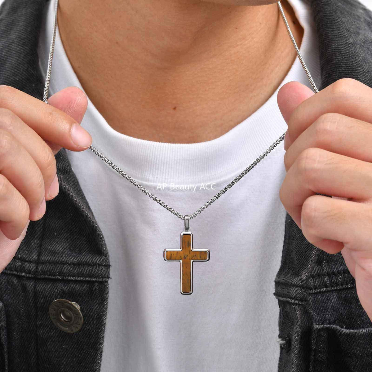 G廠-不鏽鋼歐美跨境男士項鍊十字架綠松石虎眼毛衣鏈簡約吊墜「PN-2224」25.12-2