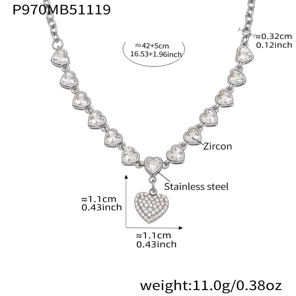 B廠-超閃5A鋯石滿鑽15個愛心鎖骨項鍊不鏽鋼鍍18k真金珠寶首飾「P970」25.11-4
