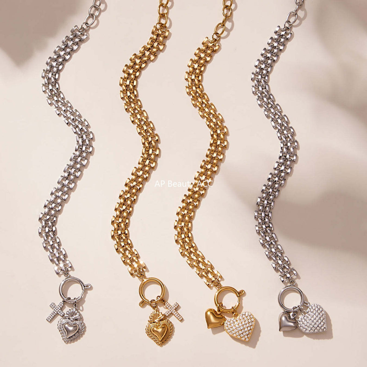 B廠-新款錶帶鏈彈工扣滿鑽鋯石愛心吊墜項鍊手鍊套裝不鏽鋼材質「TXP476」25.11-3