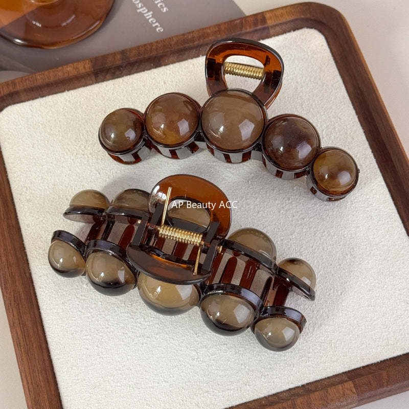 E廠-咖色高級感圓珠抓夾女2025新款高級感大號鯊魚夾後腦勺髮夾頭飾「27701」25.11-3