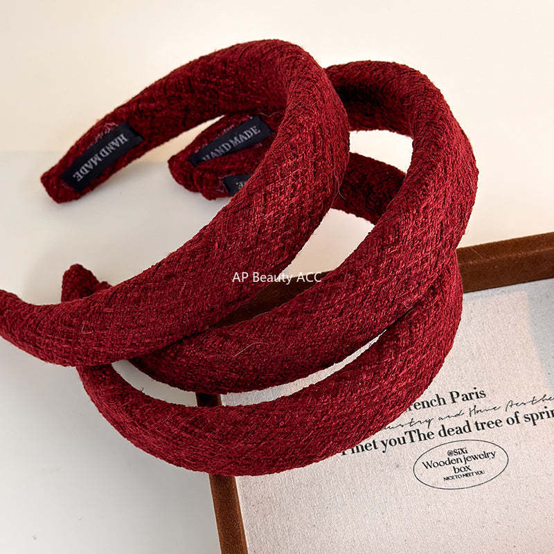 E廠-秋冬毛呢高顱頂髮箍紅色新年寬邊頭箍洗臉壓髮卡外出百搭海綿髮捆「27747」25.12-1