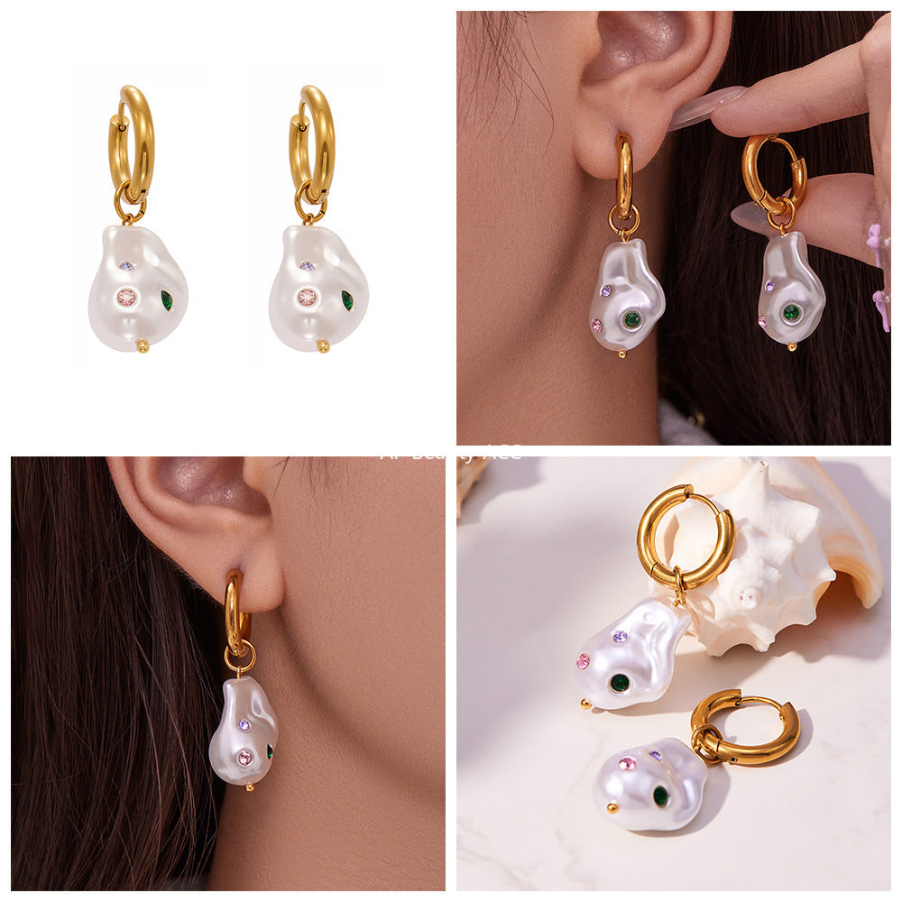 B廠-不鏽鋼異形巴洛克膠珠耳環鍍18k金彩色水鑽時尚輕奢耳飾女「F810」25.11-1