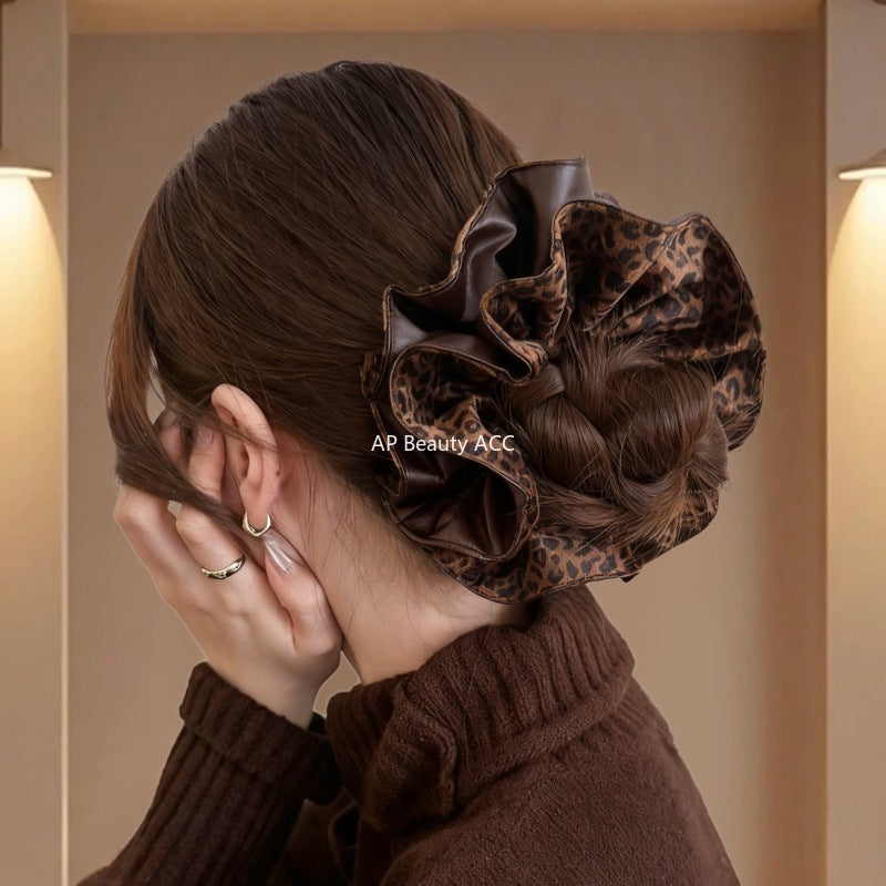 E廠-韓系pu皮豹紋雙面雙層大腸髮圈女氣質扎頭髮丸子頭髮繩低馬尾頭繩「27666」25.11-2