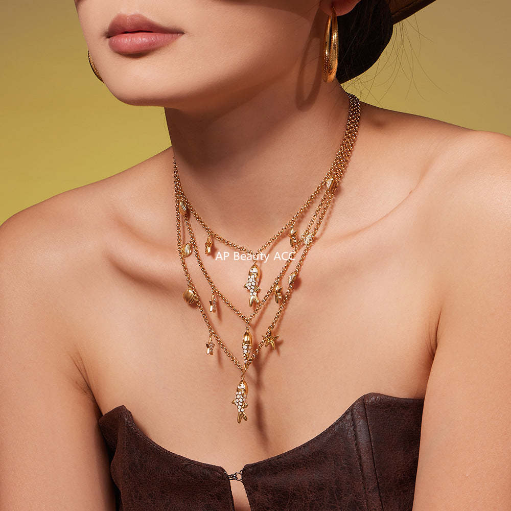 B廠-不鏽鋼ins小眾五角星鋯石滴油小魚兒多彩吊墜手鍊項鍊套裝「TXP484」25.11-4