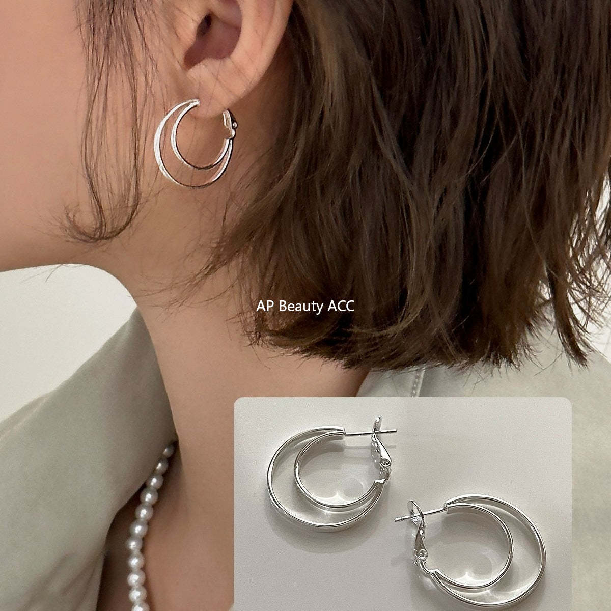 C廠-925銀針多層疊戴風大小圈耳環女氣質時尚高級感素圈耳圈輕奢耳飾「EH-4307」25.11-4