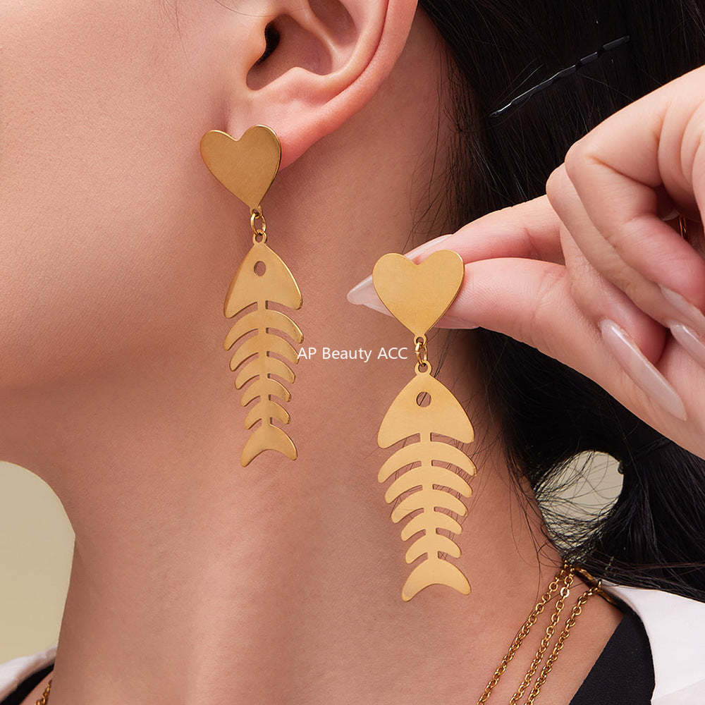 B廠-不鏽鋼18k鍍金魚骨愛心項鍊耳環戒指歐美氣質珠寶首飾套裝「TXP459」25.10-5