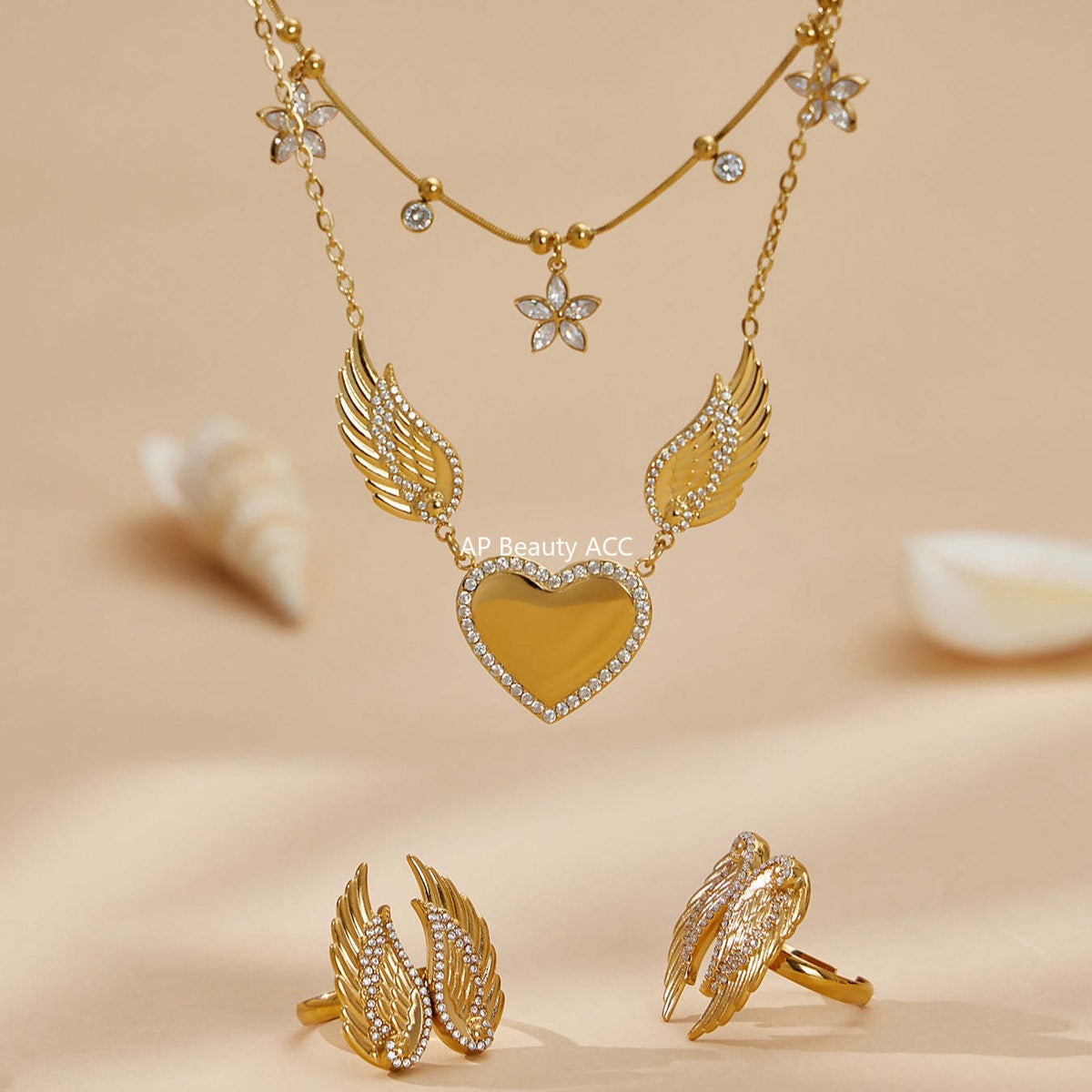 B廠-不鏽鋼5A鋯石愛心翅膀吊墜項鍊羽翼開口戒指套裝鍍18k真金不掉色「TXP523」25.12-3