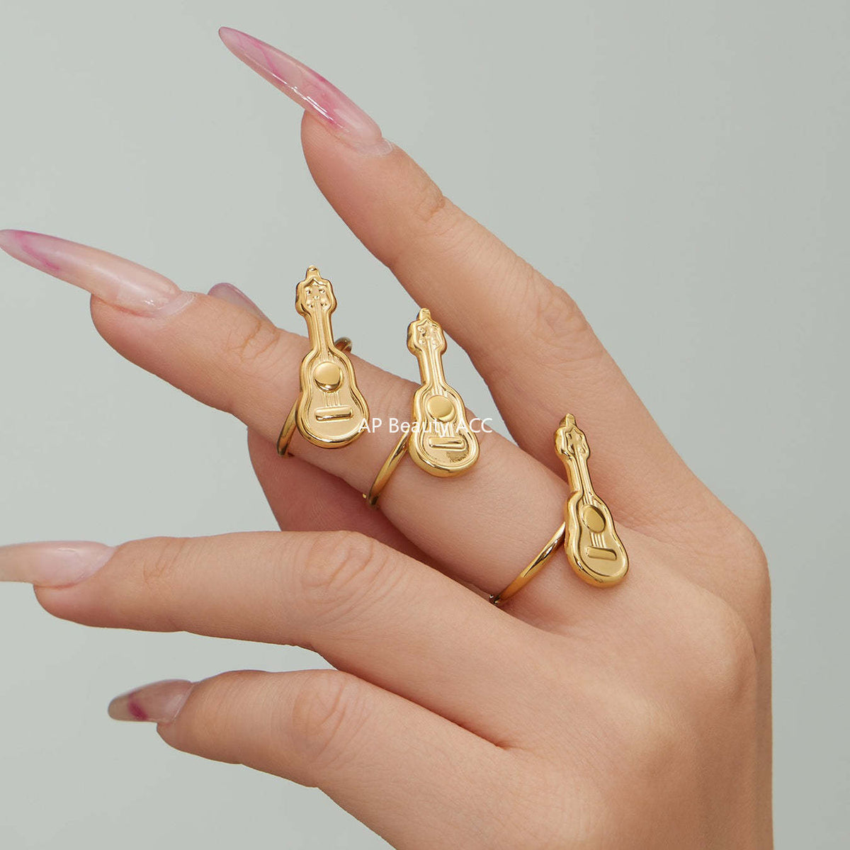 B廠-不鏽鋼小吉他開口戒指鍍18k真金學院風個性潮酷配飾ins小眾設計感「A542」25.12-3