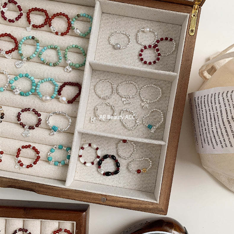 C廠-古風花朵葉子福袋小馬元寶蘋果紅瑪瑙彈力戒指S925純銀戒指女士「RB」25.11-4