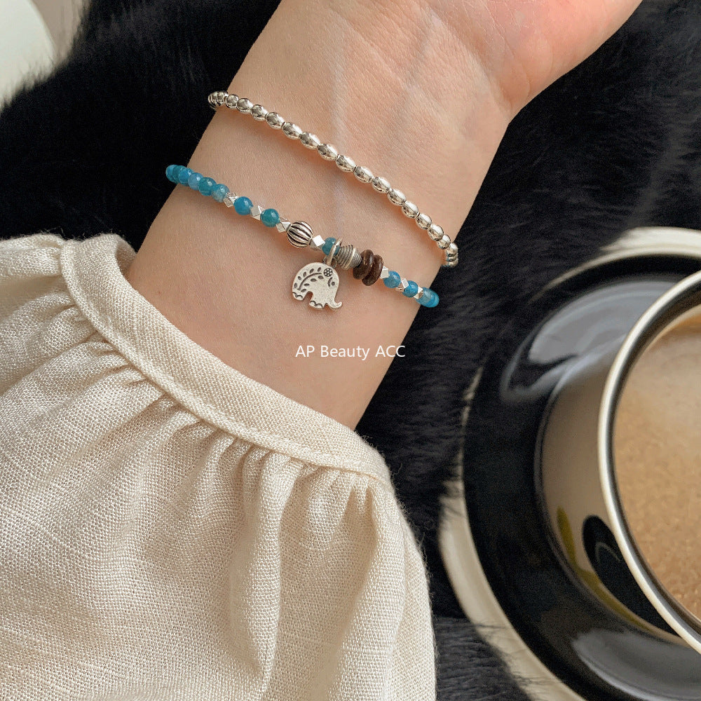 C廠-泰國清邁手工銀復古泰銀大象小象S925項鍊銀手鍊天然藍磷灰手鍊「1545」25.11-2