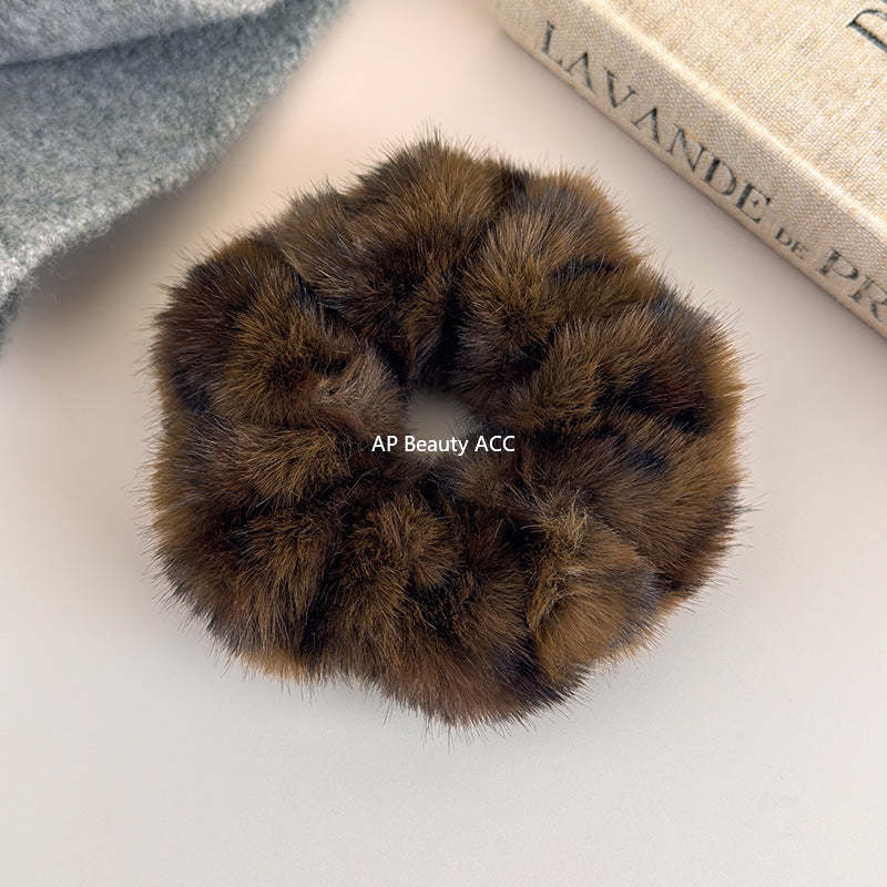 E廠-韓系秋冬毛絨豹紋大腸髮圈女高級感氣質扎頭髮馬尾頭繩髮繩髮飾「27635」25.11-1