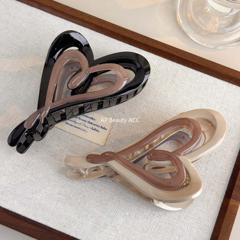 E廠-秋冬奶咖色漸變雙層愛心抓夾個性ins風不規則後腦勺髮抓盤髮夾女「27753」25.12-1