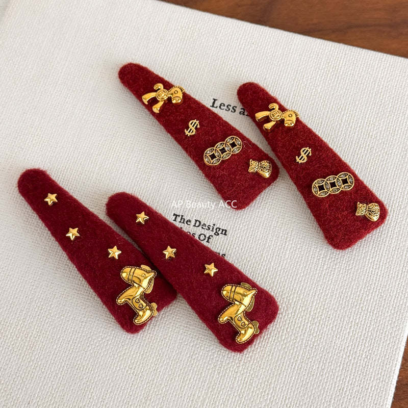 E廠-馬上有錢花新年紅色喜慶髮夾高級設計感豹紋側邊瀏海碎髮BB夾髮卡「27821」25.12-3