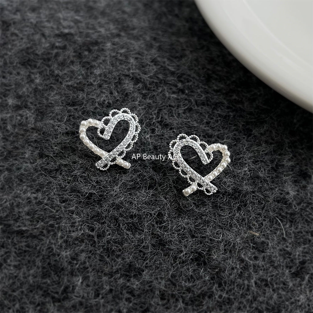 A廠-微鑲鋯石925銀針蕾絲鏤空愛心銀色耳環 氣質簡約甜美新款耳飾「7067」25.11-2