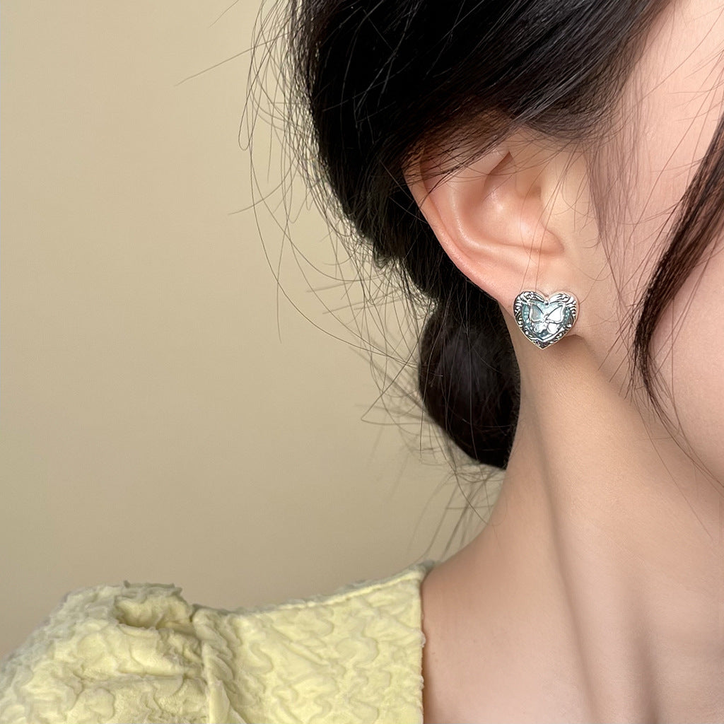 A廠-時尚通勤高級感清新甜美925銀針愛心蝴蝶藍色耳環女 氣質優雅耳環「6004」25.05-2