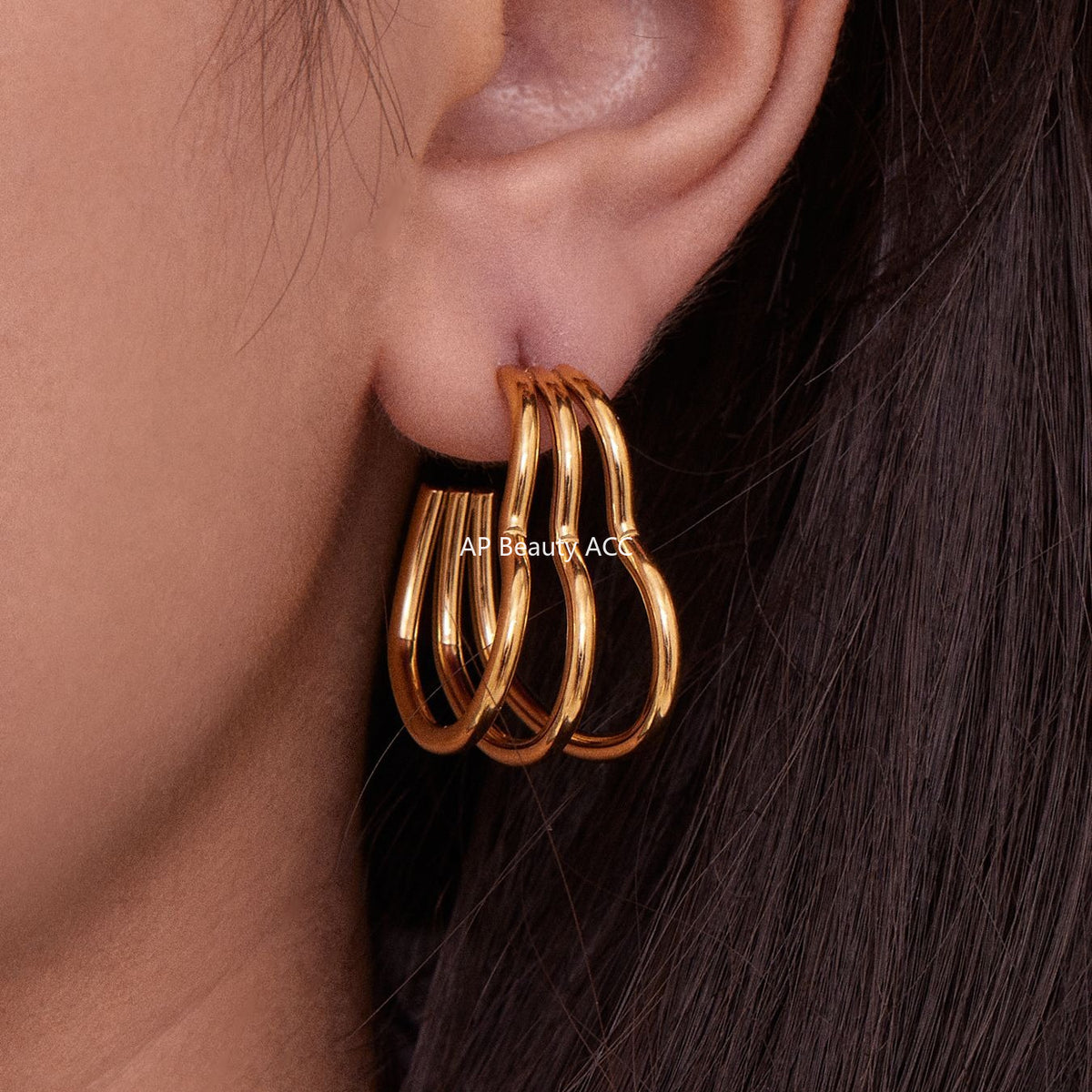 B廠-ins風小眾設計三層愛心形耳環不鏽鋼18k鍍金耳釘不掉色耳飾「F753」25.11-1