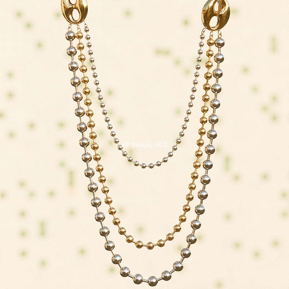 B廠-歐美拼色不鏽鋼愛心扣多層圓珠鏈項鍊ins個性時尚百搭飾品「P1853」25.11-3