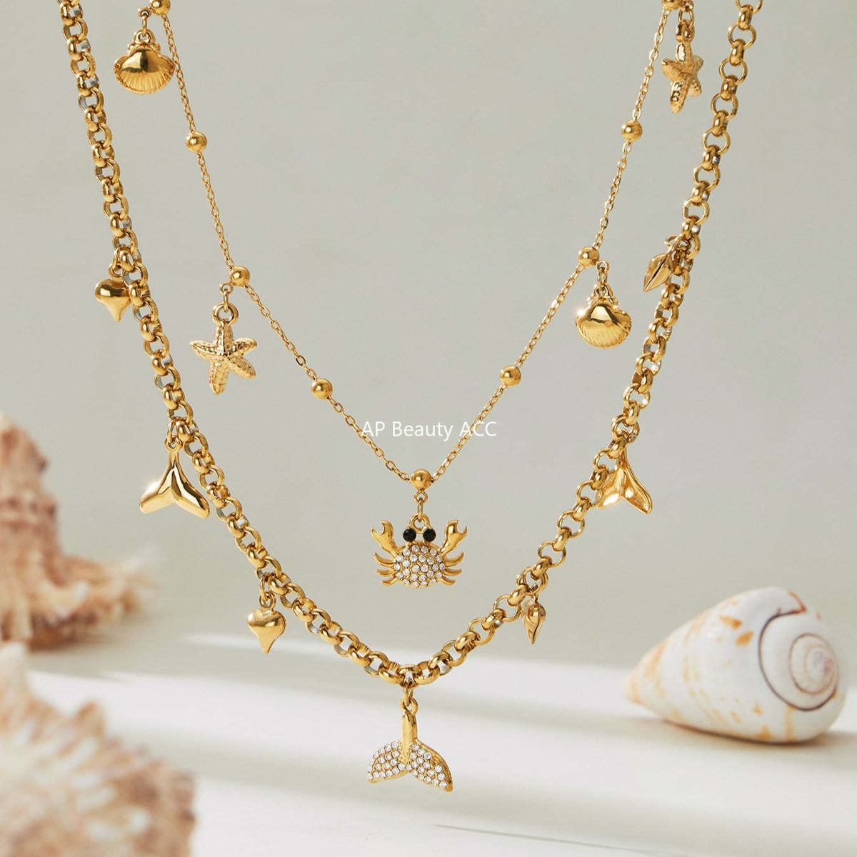 B廠-不鏽鋼DIY熱銷新款貝殼螃蟹5A鋯石帶鑽吊墜海洋沙灘風項鍊「P826」25.11-4