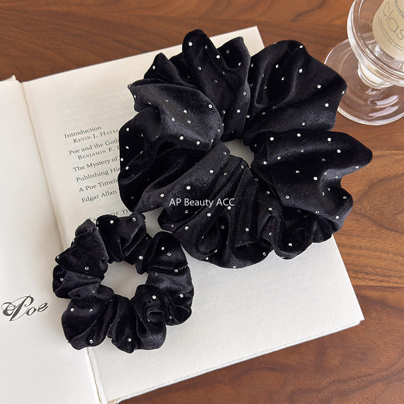 E廠-秋冬高級感韓系黑色絲絨燙鑽大腸髮圈百搭實用馬尾髮繩復古髮飾女「27641」25.11-1