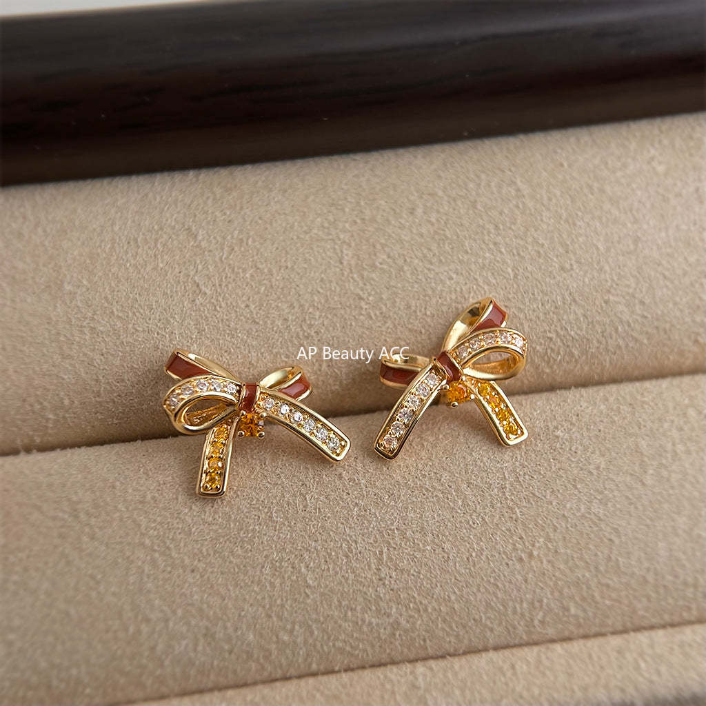 A廠-原創微鑲鋯石925銀針時尚高級感酒紅蝴蝶結耳飾工廠耳環 飾品貨源「7237」25.12-3