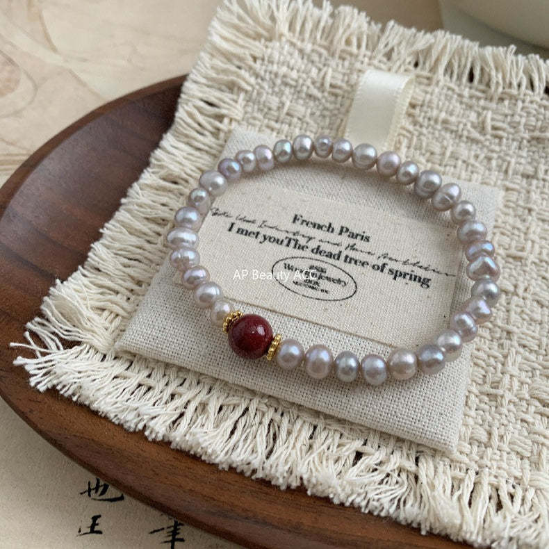 C廠-新中式宮廷極光淡水珍珠手鍊女款輕奢高級感高含量天然朱砂手鍊「1637」25.12-3