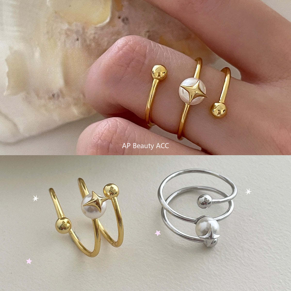 C廠-法式氣質名媛高級感珍珠戒指女百搭純銀疊戴風旋轉四芒星食指戒「JZ-0715」25.10-5