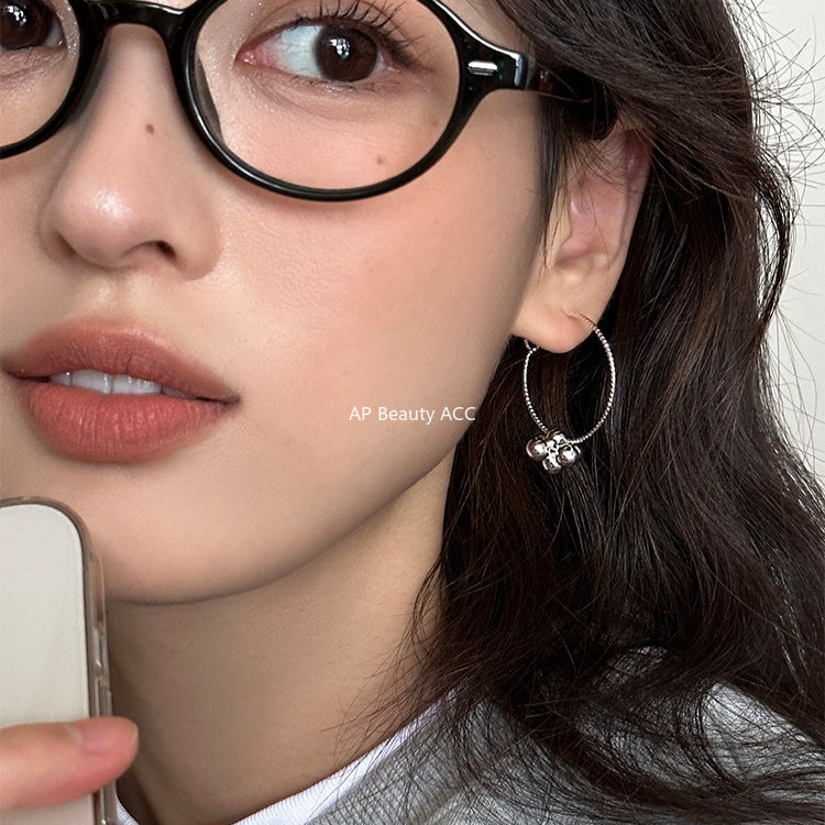 C廠-韓系圓珠小花球耳圈女高級感顯臉小麻花耳環獨特誇張秋冬氣質耳飾「EH-4184」25.11-2